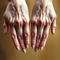 A realistic depiction of a pair of hands with prominent, natural-looking veins