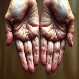 A realistic depiction of a pair of hands with prominent, natural-looking veins