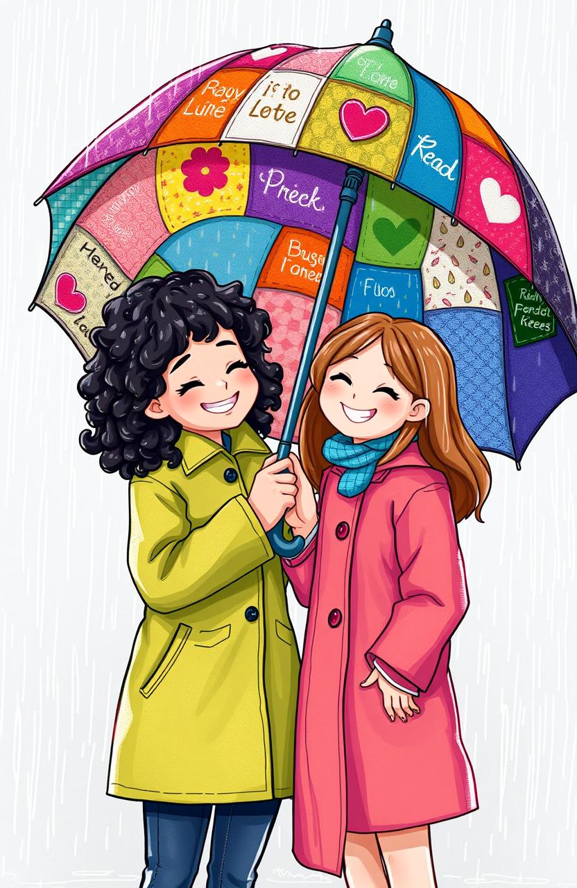 A heartwarming scene featuring two best friends standing close together under a vibrant, stitched umbrella