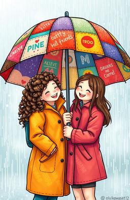A heartwarming scene featuring two best friends standing close together under a vibrant, stitched umbrella