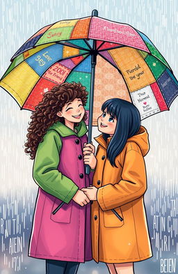 A heartwarming scene featuring two best friends standing close together under a vibrant, stitched umbrella