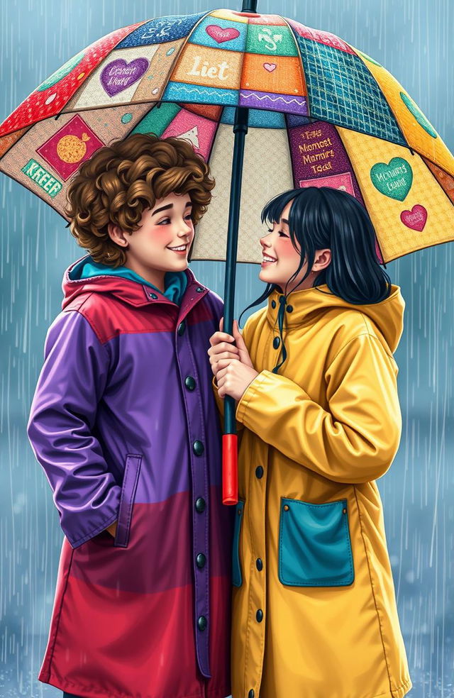 A heartwarming scene featuring two best friends standing close together under a vibrant, stitched umbrella