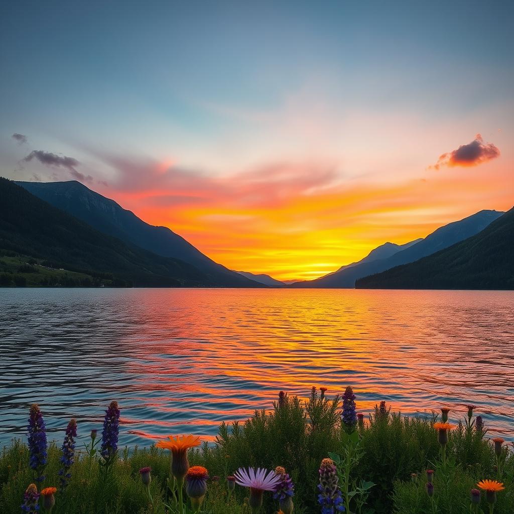 A serene and picturesque landscape featuring a vibrant sunset casting warm hues of orange and pink across a tranquil lake, surrounded by lush green forests and rugged mountains in the distance