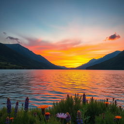 A serene and picturesque landscape featuring a vibrant sunset casting warm hues of orange and pink across a tranquil lake, surrounded by lush green forests and rugged mountains in the distance