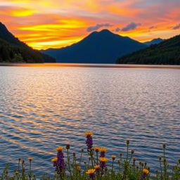 A serene and picturesque landscape featuring a vibrant sunset casting warm hues of orange and pink across a tranquil lake, surrounded by lush green forests and rugged mountains in the distance