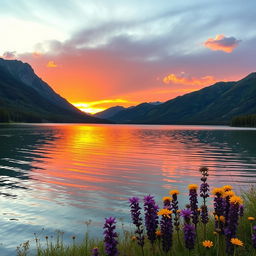 A serene and picturesque landscape featuring a vibrant sunset casting warm hues of orange and pink across a tranquil lake, surrounded by lush green forests and rugged mountains in the distance