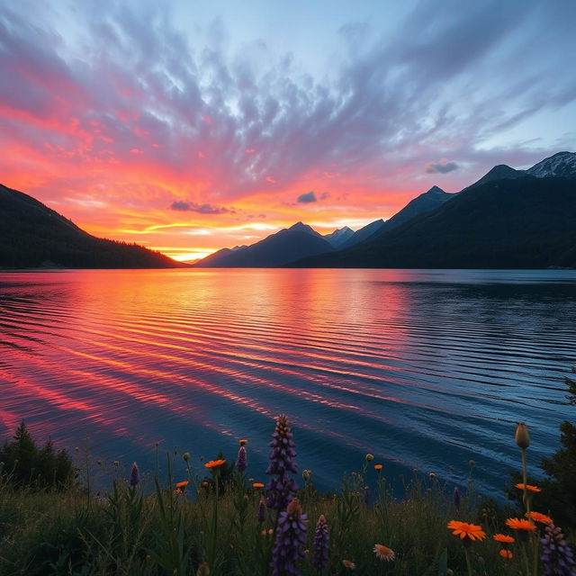 A serene and picturesque landscape featuring a vibrant sunset casting warm hues of orange and pink across a tranquil lake, surrounded by lush green forests and rugged mountains in the distance