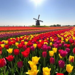 A vibrant field of tulips in the Netherlands, showcasing a wide variety of colors including red, yellow, and purple blooms under a clear blue sky