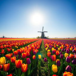 A vibrant field of tulips in the Netherlands, showcasing a wide variety of colors including red, yellow, and purple blooms under a clear blue sky