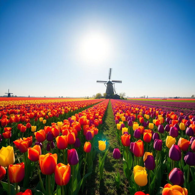 A vibrant field of tulips in the Netherlands, showcasing a wide variety of colors including red, yellow, and purple blooms under a clear blue sky