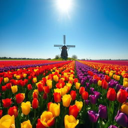 A vibrant field of tulips in the Netherlands, showcasing a wide variety of colors including red, yellow, and purple blooms under a clear blue sky