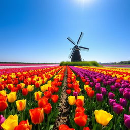 A vibrant field of tulips in the Netherlands, showcasing a wide variety of colors including red, yellow, and purple blooms under a clear blue sky