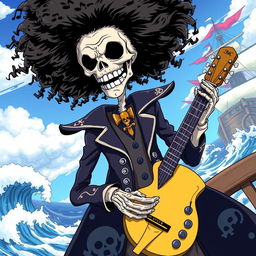A detailed illustration of Brook, the skeleton musician from the One Piece anime, depicted in a dynamic pose