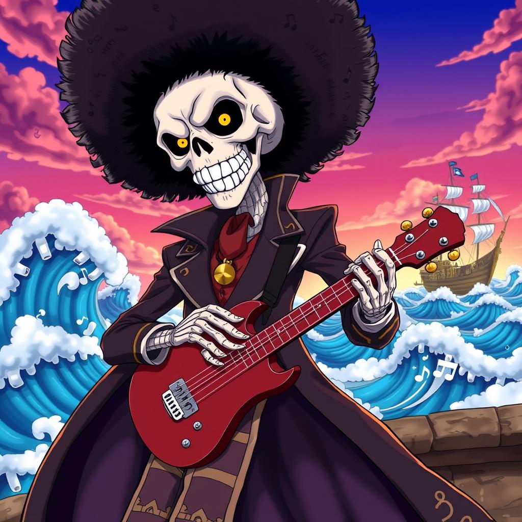 A detailed illustration of Brook, the skeleton musician from the One Piece anime, depicted in a dynamic pose