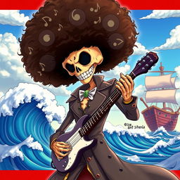 A detailed illustration of Brook, the skeleton musician from the One Piece anime, depicted in a dynamic pose