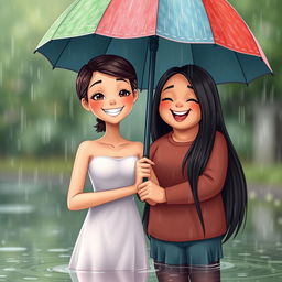A heartwarming scene depicting two best friends on a rainy day