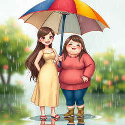 A heartwarming scene depicting two best friends on a rainy day