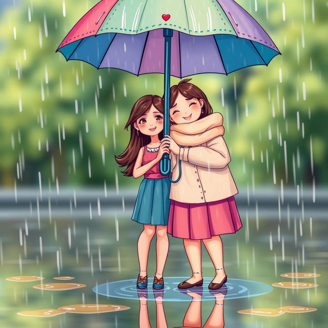 A heartwarming scene depicting two best friends on a rainy day