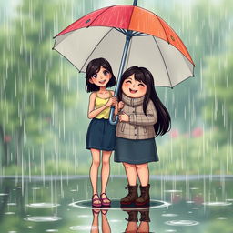 A heartwarming scene depicting two best friends on a rainy day