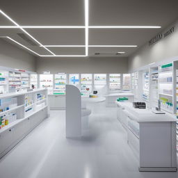 Design a clean, modern, and welcoming pharmacy with white shelves and counters, bright lighting, and health-related displays. Space should showcase a counter for prescription pharmaceuticals, over-the-counter products area, and a small consultation area.