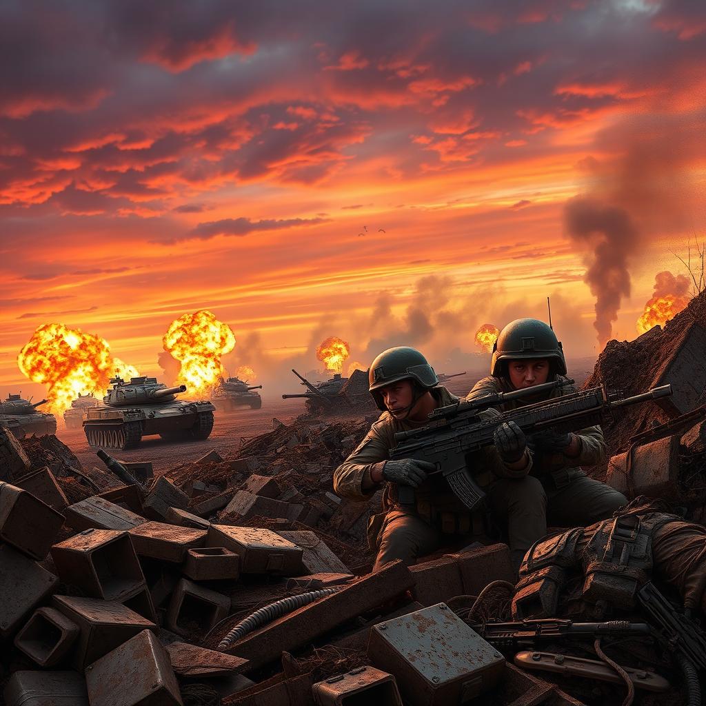 A dramatic war scene depicting a battlefield during sunset