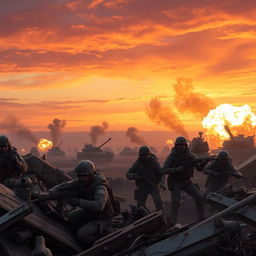 A dramatic war scene depicting a battlefield during sunset