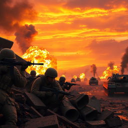 A dramatic war scene depicting a battlefield during sunset