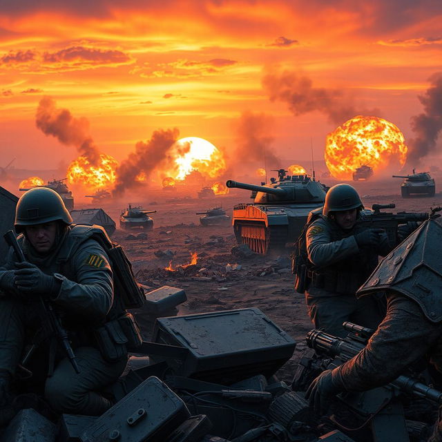 A dramatic war scene depicting a battlefield during sunset