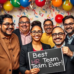 A festive image featuring a diverse work team of six people