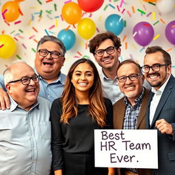 A festive image featuring a diverse work team of six people