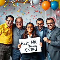 A festive image featuring a diverse work team of six people