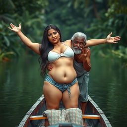 A realistic photograph featuring Natasha Romanoff standing in a small canoe alongside an elderly Indian man