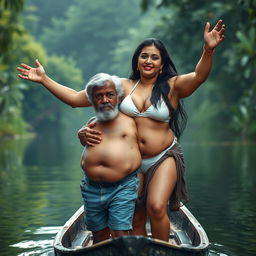 A realistic photograph featuring Natasha Romanoff standing in a small canoe alongside an elderly Indian man