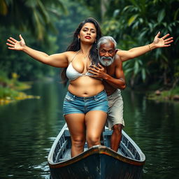 A realistic photograph featuring Natasha Romanoff standing in a small canoe alongside an elderly Indian man