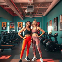 Aesthetic gym setting featuring two individuals standing confidently
