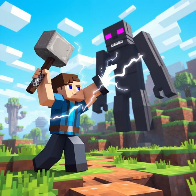 A dynamic scene in a Minecraft world where a blocky character named Steve is valiantly fighting with an Enderman