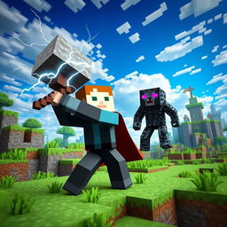 A dynamic scene in a Minecraft world where a blocky character named Steve is valiantly fighting with an Enderman