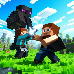 A dynamic scene in a Minecraft world where a blocky character named Steve is valiantly fighting with an Enderman