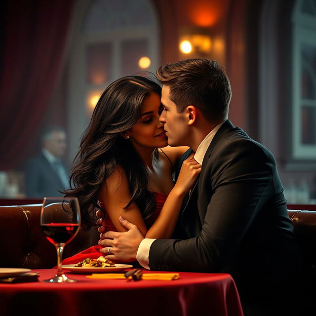 A dramatic scene depicting infidelity, featuring a woman and a man in a cozy, dimly lit restaurant sharing a secretive moment
