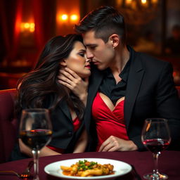 A dramatic scene depicting infidelity, featuring a woman and a man in a cozy, dimly lit restaurant sharing a secretive moment