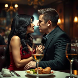 A dramatic scene depicting infidelity, featuring a woman and a man in a cozy, dimly lit restaurant sharing a secretive moment