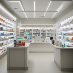 Design a clean, modern, and welcoming pharmacy with white shelves and counters, bright lighting, and health-related displays. Space should showcase a counter for prescription pharmaceuticals, over-the-counter products area, and a small consultation area.