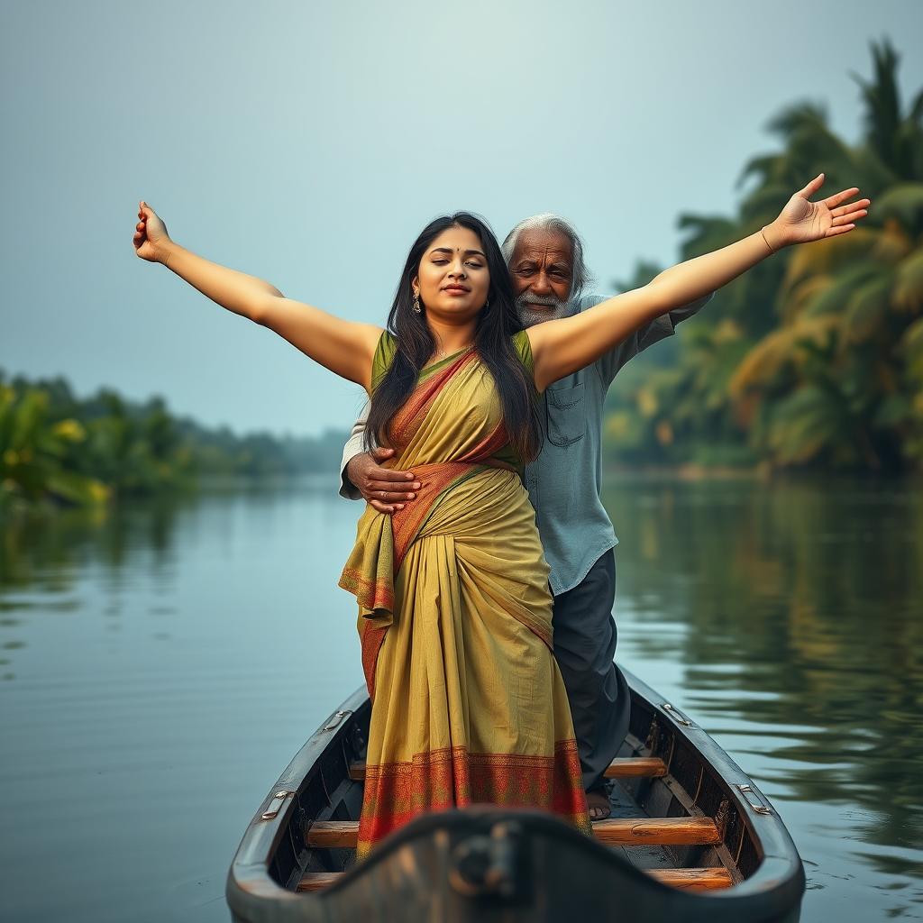 A realistic photograph depicting a pale-skinned girl standing in a small canoe with an elderly Indian man
