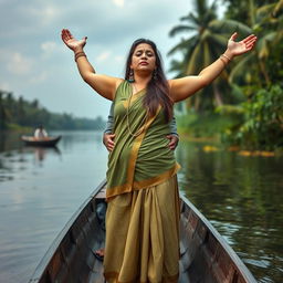 A realistic photograph depicting a pale-skinned girl standing in a small canoe with an elderly Indian man