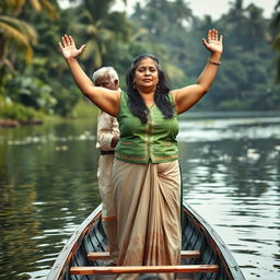 A realistic photograph depicting a pale-skinned girl standing in a small canoe with an elderly Indian man