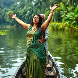 A realistic photograph depicting a pale-skinned girl standing in a small canoe with an elderly Indian man