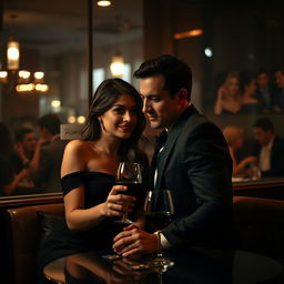 An intimate, clandestine scene in a dimly lit café where a couple is sharing a secretive moment over a table, a glass of red wine in hand
