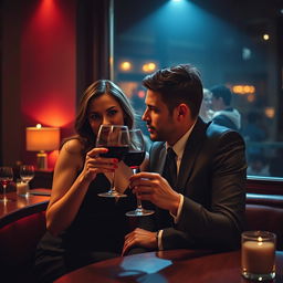 An intimate, clandestine scene in a dimly lit café where a couple is sharing a secretive moment over a table, a glass of red wine in hand