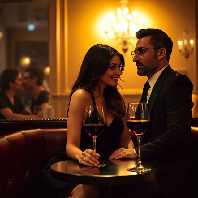 An intimate, clandestine scene in a dimly lit café where a couple is sharing a secretive moment over a table, a glass of red wine in hand