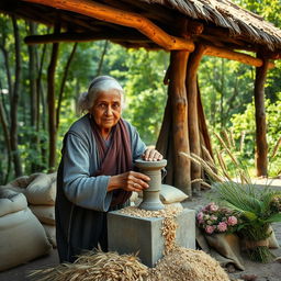 An elderly rural woman grinding wheat in front of her house on the edge of a forest